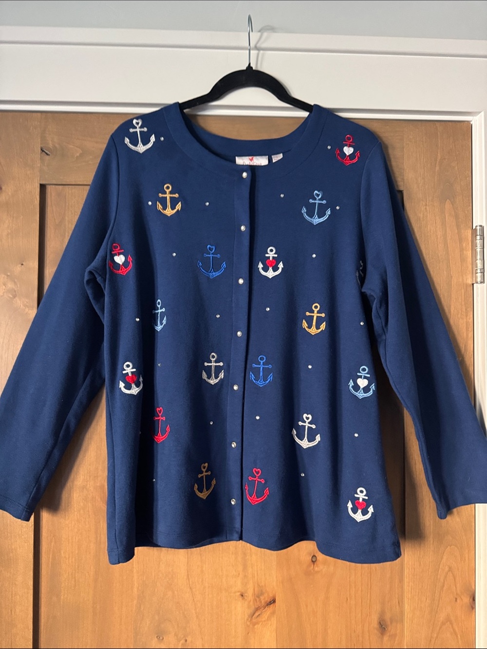 Quacker Factory Nautical anchor Cardigan Top Womens L Navy Jewel Snap embroider